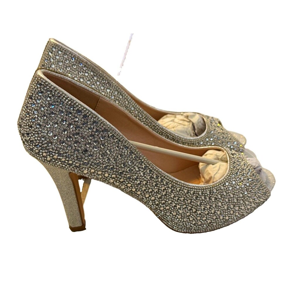 DE BLOSSOM Women’s Silver Glitter Rhinestone Peep Toe Stiletto Pump Slip-On 10